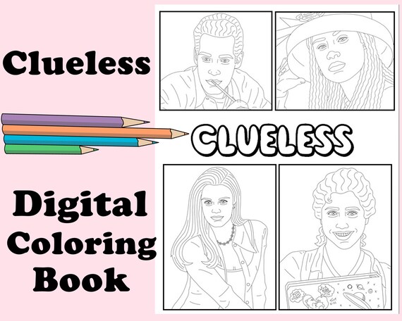 Clueless digital coloring book instant print digital pdf travel rainy day activity art therapy coloring page romance s nostalgia