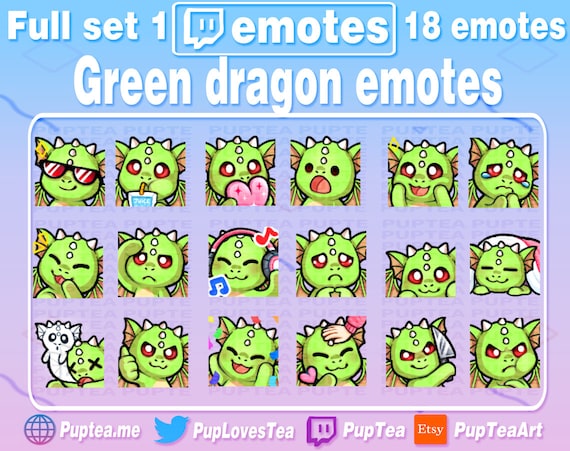 X cute green dragon emotes pack for twitch youtube and discord full set