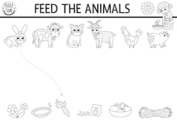 Premium vector black and white farm matching activity with animals food country puzzle with rabbit cow hen goat pig match the objects game feed the animals printable coloring page on the