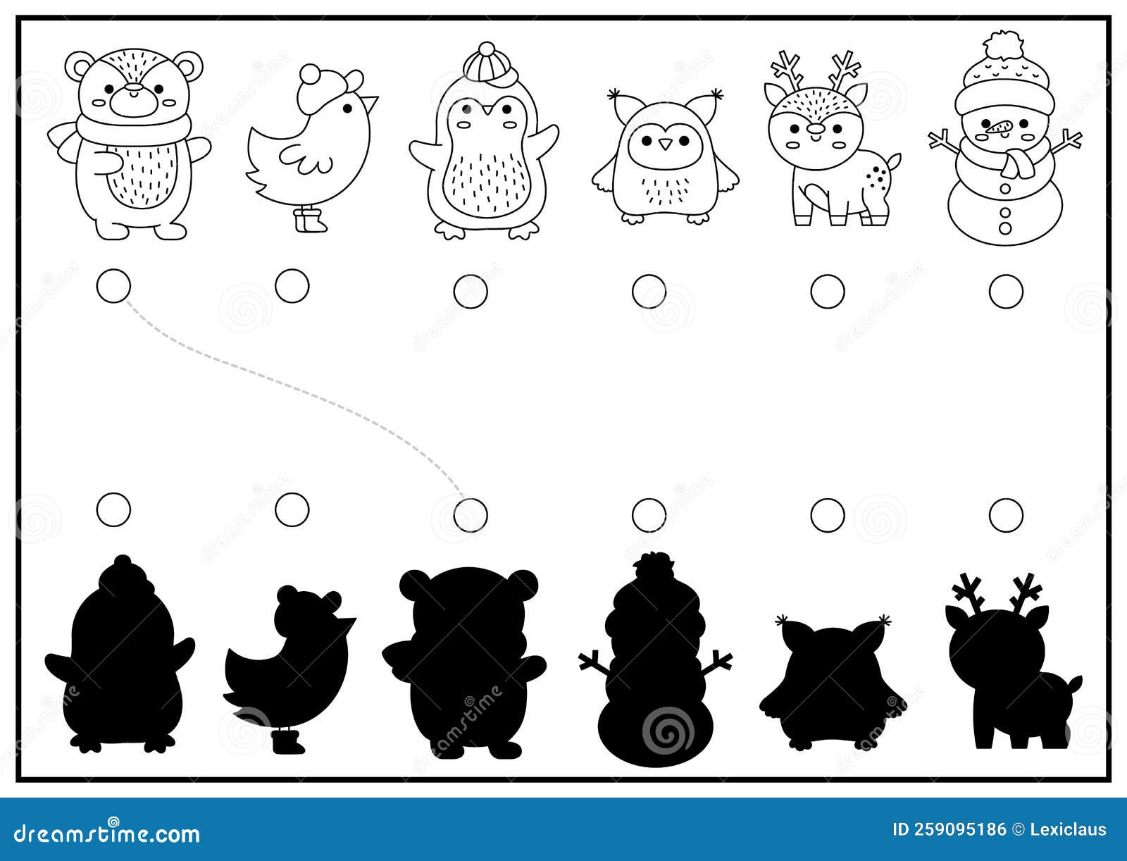 Christmas black and white shadow matching activity winter holiday puzzle with cute kawaii animals stock vector