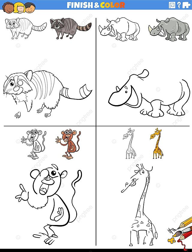 Drawing and coloring worksheet with cartoon animals elements puzzle test vector elements puzzle test png and vector with transparent background for free download