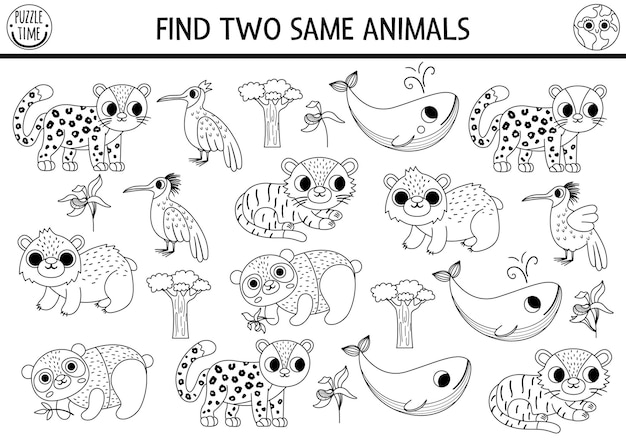 Premium vector find two same endangered animals ecological black and white matching activity for children eco awareness educational quiz or line worksheet for kids simple printable coloring page