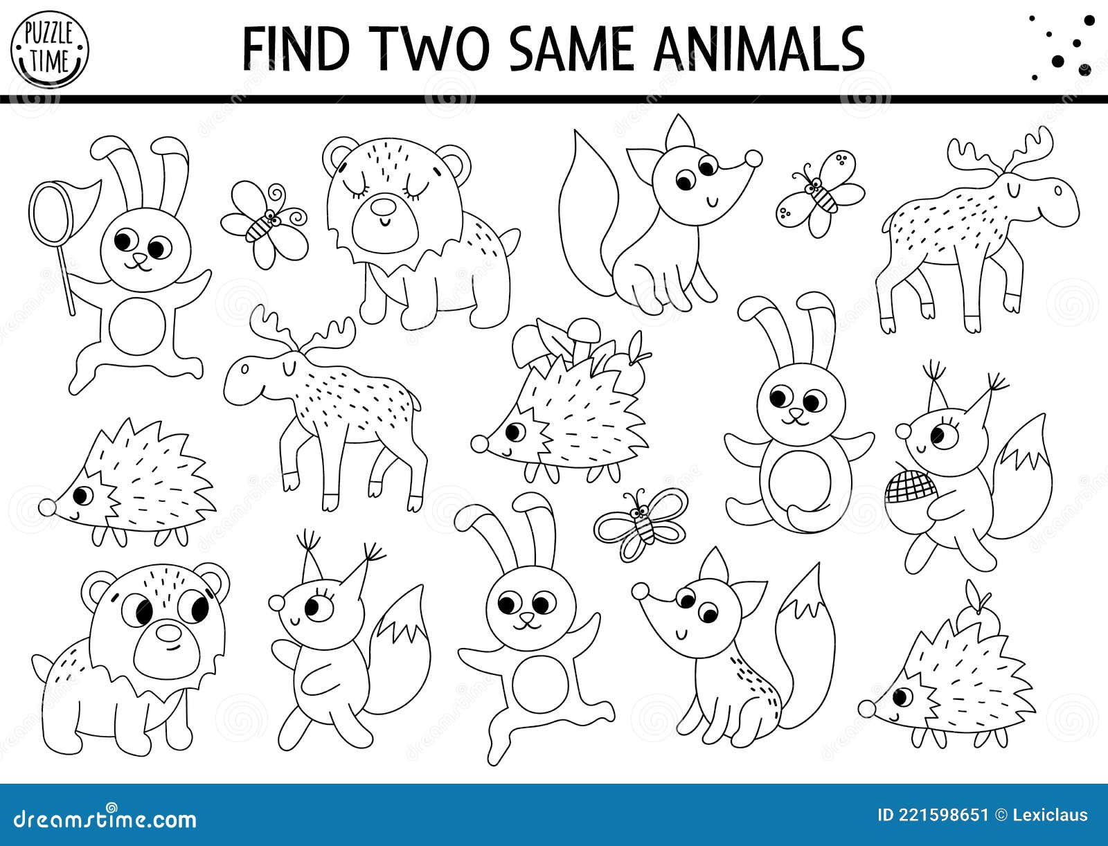 Find two same animals forest black and white matching activity stock vector