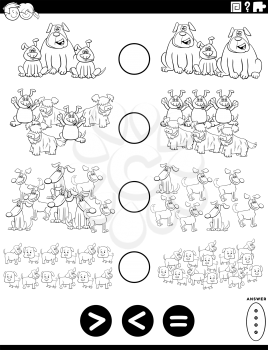 Black and white cartoon illustration of educational mathematical puzzle task of greater than less than or equal to for children with dogs animal characters worksheet page coloring book page