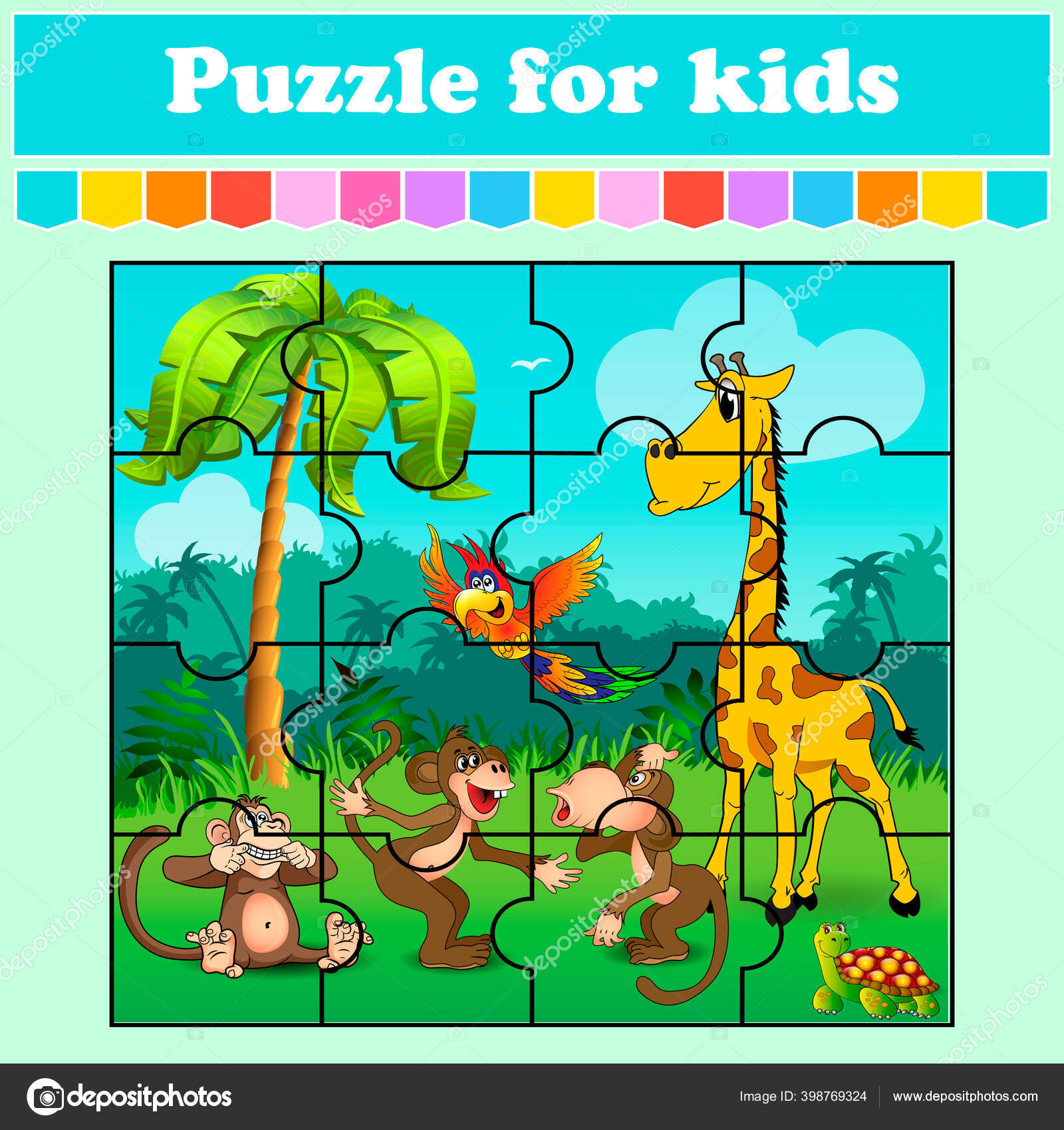 Puzzle game kids animals meadow education worksheet color activity page stock vector by yurkina