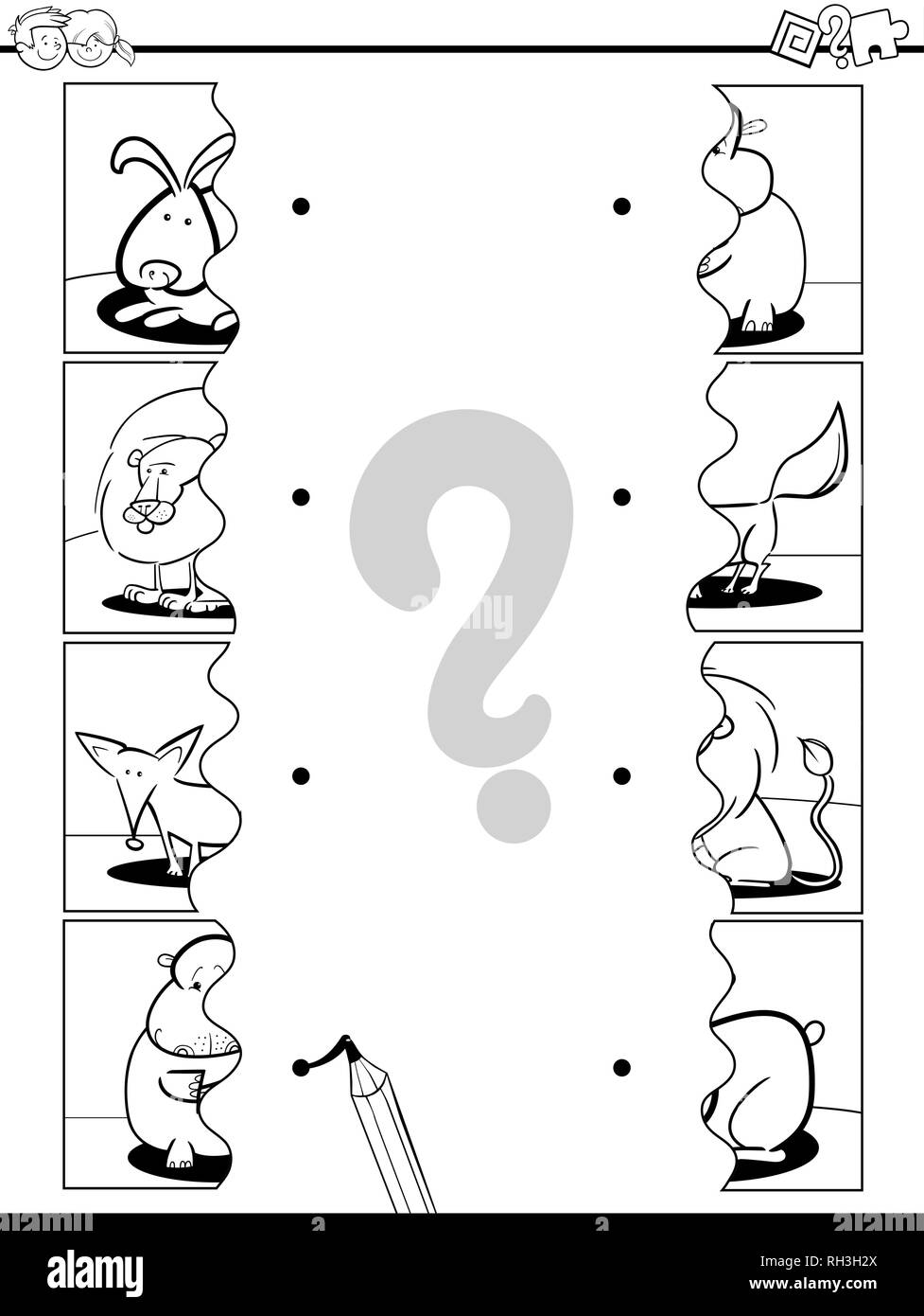 Black and white cartoon illustration of educational pictures matching game for children with jigsaw puzzles of cute animals coloring page worksheet stock vector image art