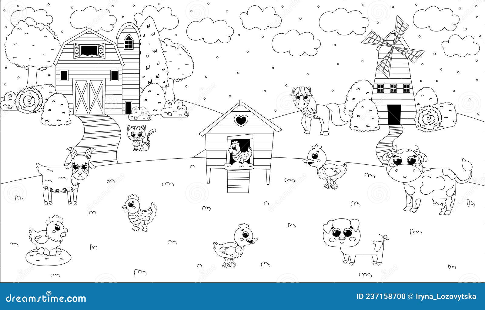 Printable black and white coloring page with farm animals barn and windmill henhouse farming themed puzzle stock vector