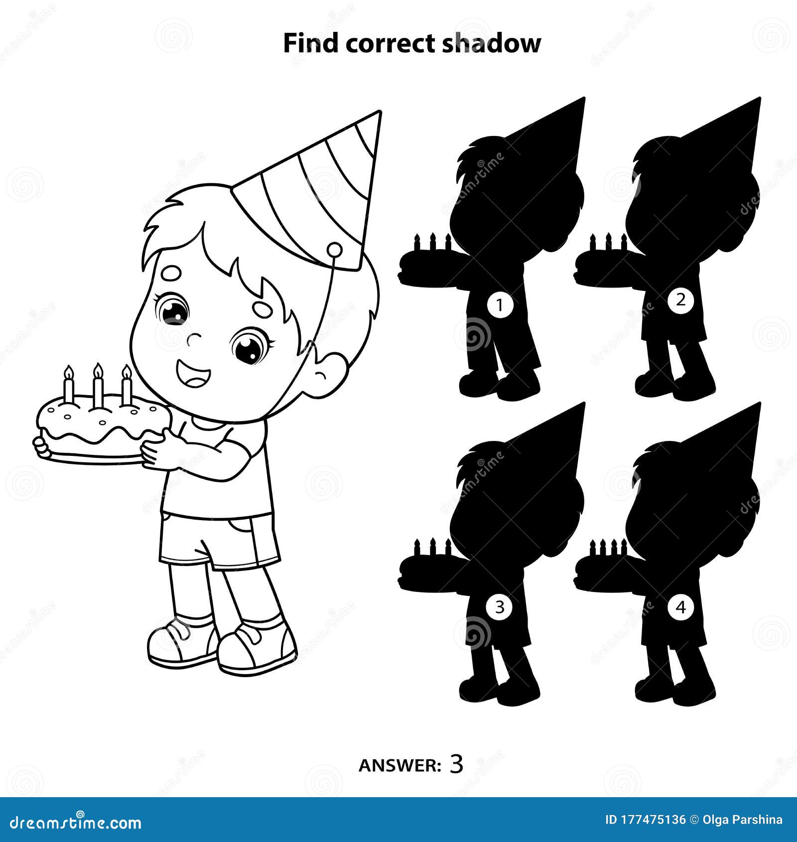 Puzzle game for kids find correct shadow coloring page outline of a cartoon boy with a cake at the holiday birthday stock vector