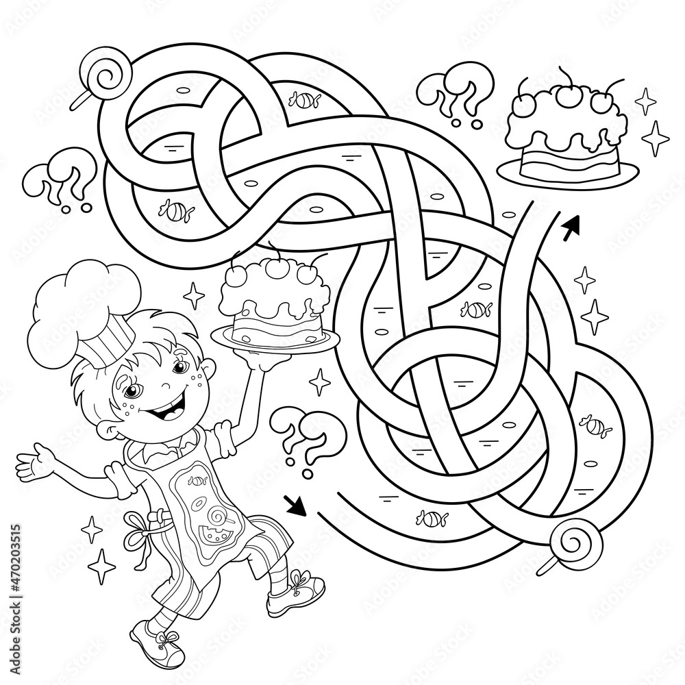 Maze or labyrinth game puzzle tangled road coloring page outline of cartoon fun boy chef with cake little cook or scullion profession coloring book for kids vector