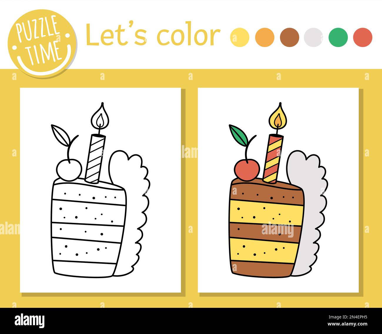 Birthday coloring page for children funny piece of cake with candle and cherry on top vector holiday outline illustration with cute dessert party c stock vector image art