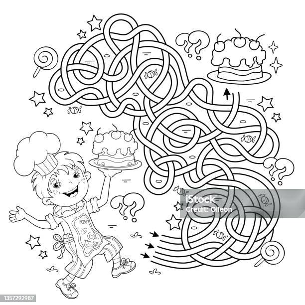 Maze or labyrinth game puzzle tangled road coloring page outline of cartoon fun boy chef with