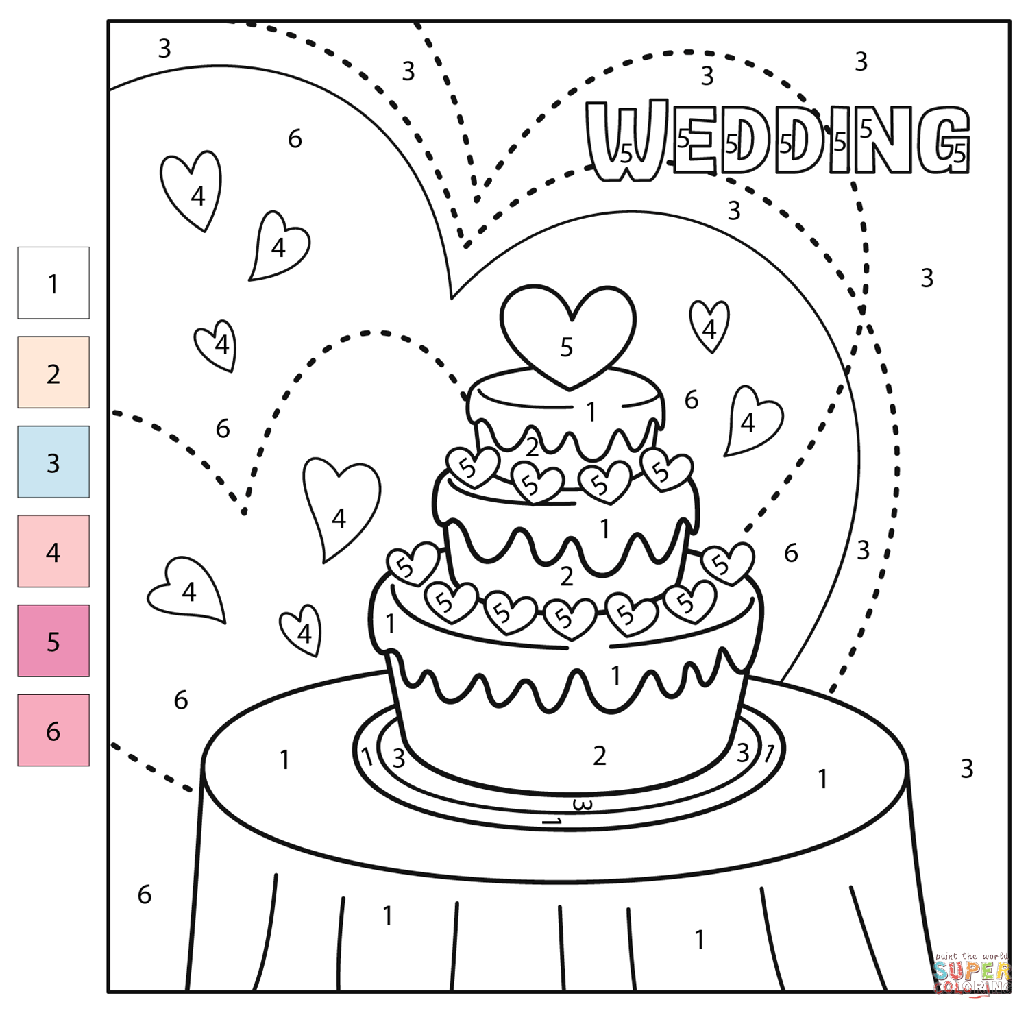 Wedding cake color by number free printable coloring pages