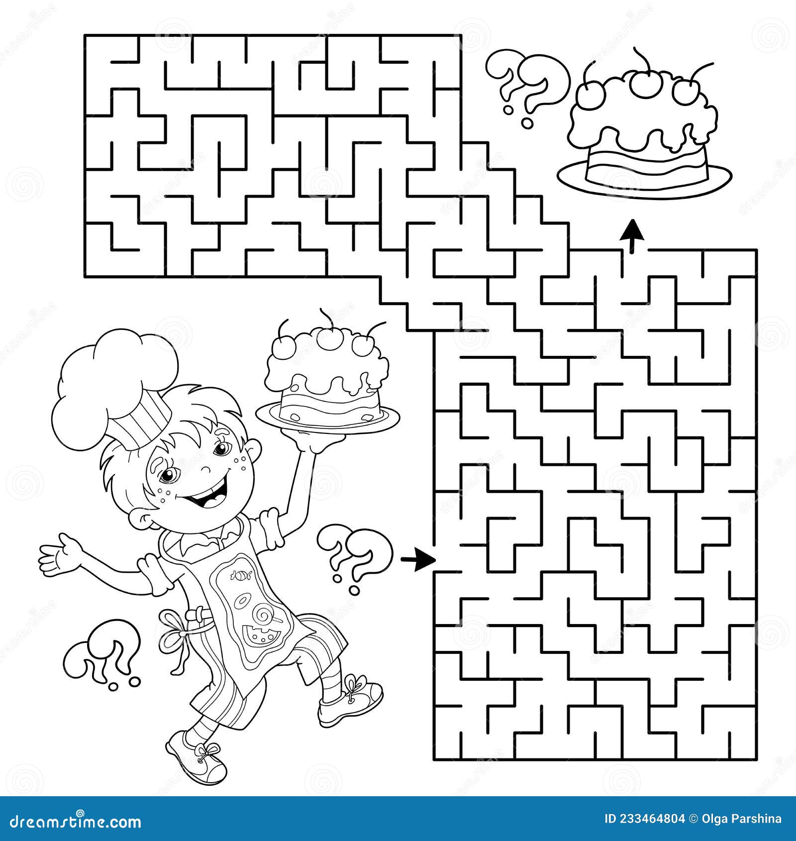 Maze or labyrinth game puzzle coloring page outline of cartoon fun boy chef with cake little cook or scullion profession stock vector
