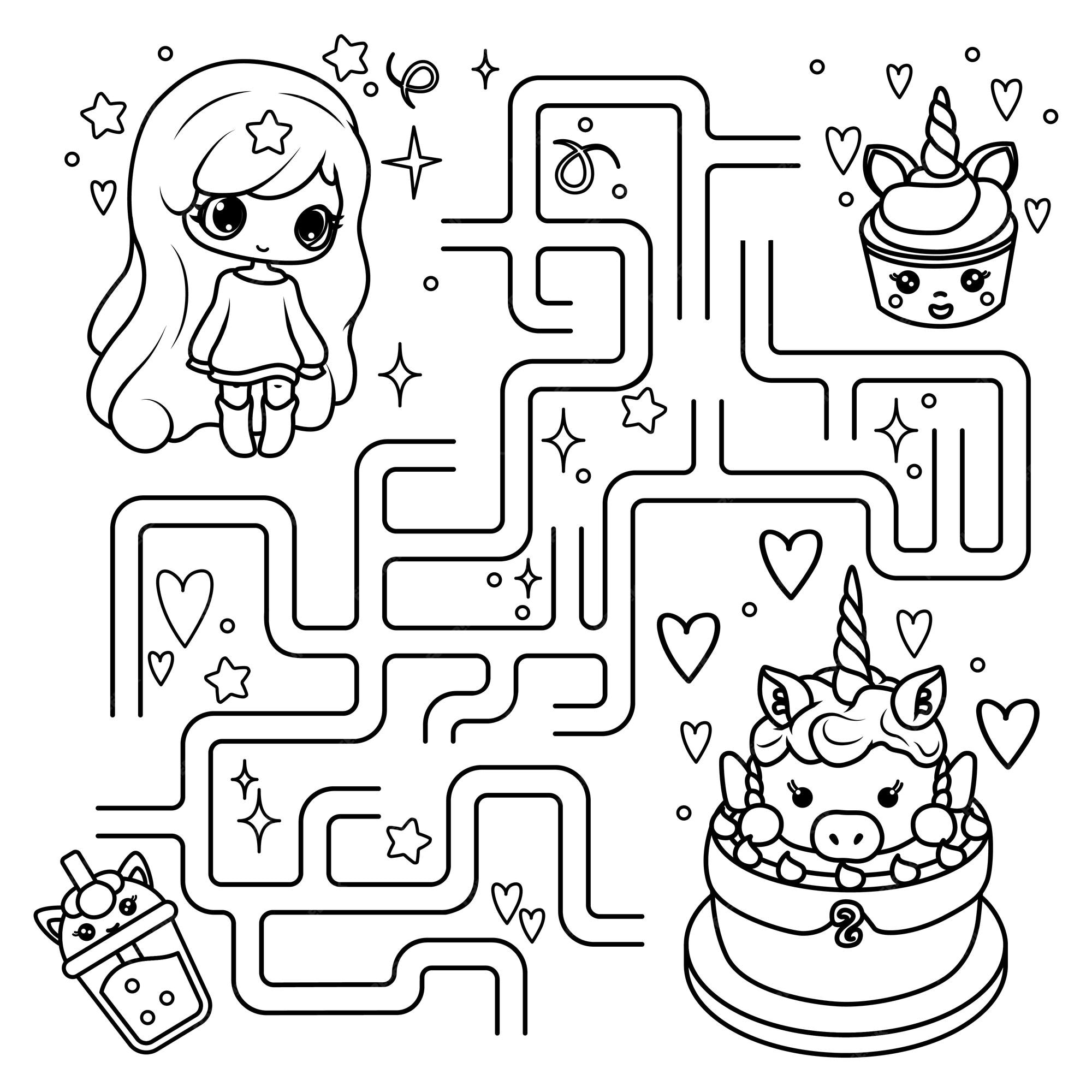 Premium vector puzzle for children labyrinth you need to find the way for the girl to the cake coloring book
