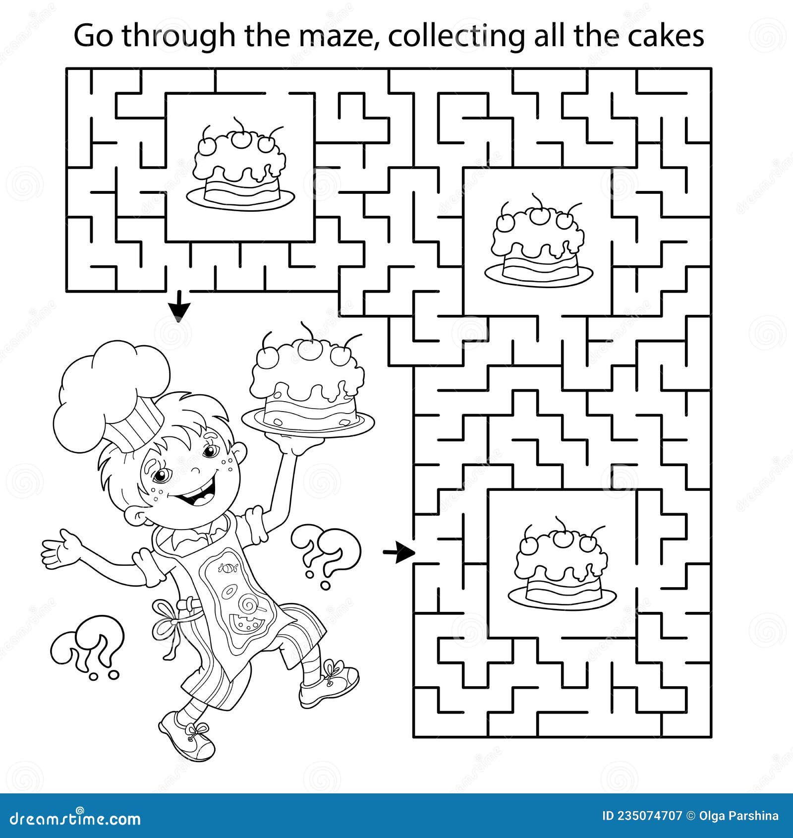 Maze or labyrinth game puzzle coloring page outline of cartoon fun boy chef with cake little cook or scullion profession stock vector