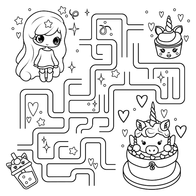 Premium vector puzzle for children labyrinth you need to find the way for the girl to the cake coloring book