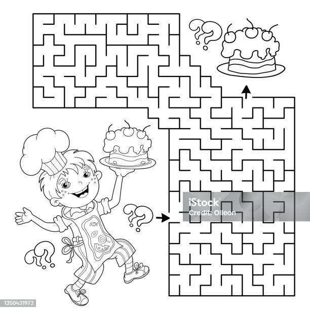 Maze or labyrinth game puzzle coloring page outline of cartoon fun boy chef with cake little cook or scullion profession coloring book for kids stock illustration