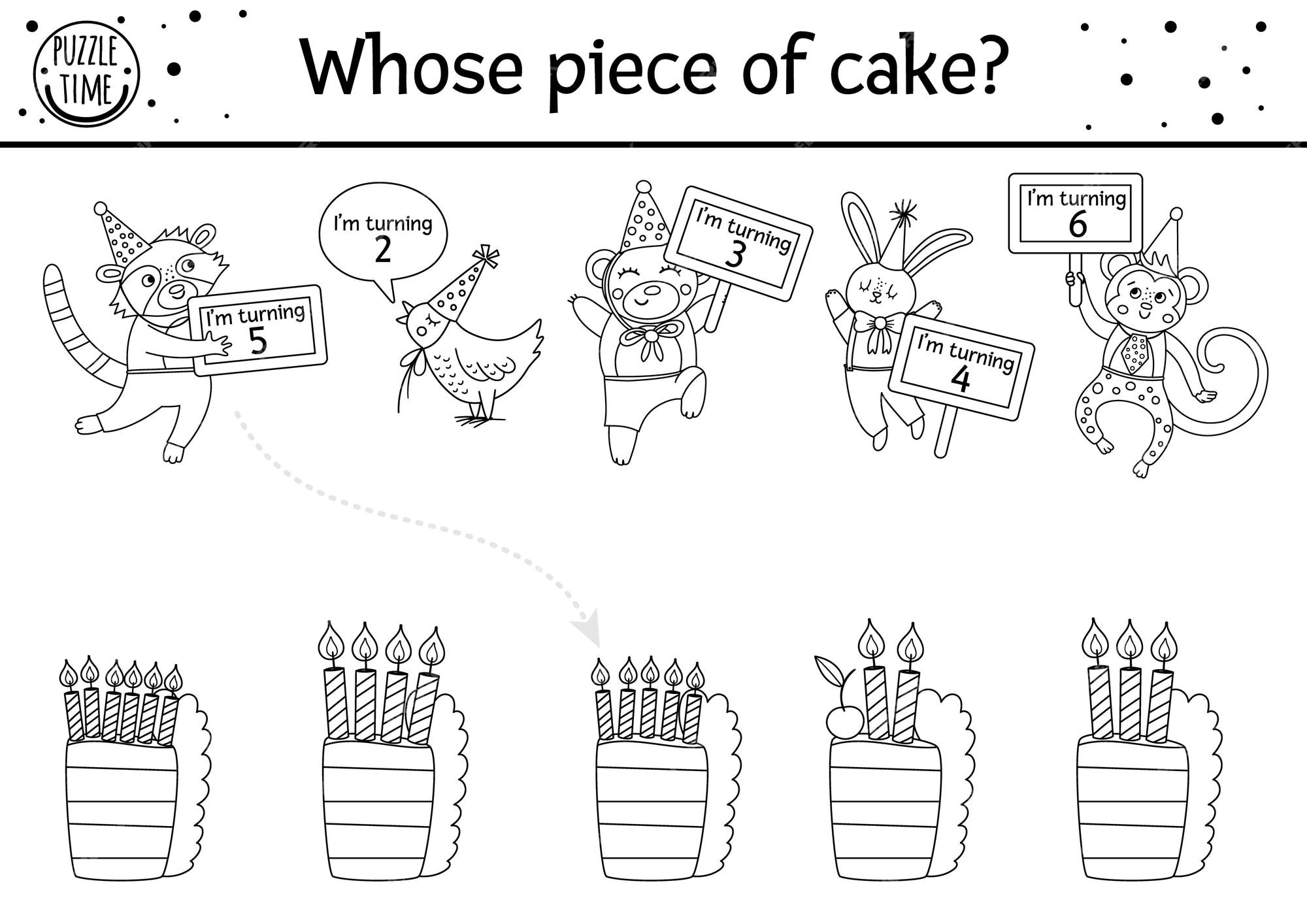 Premium vector birthday black and white matching activity for children fun outline puzzle with cute animals in party hats and cakes with candles holiday line game printable worksheet for kids how