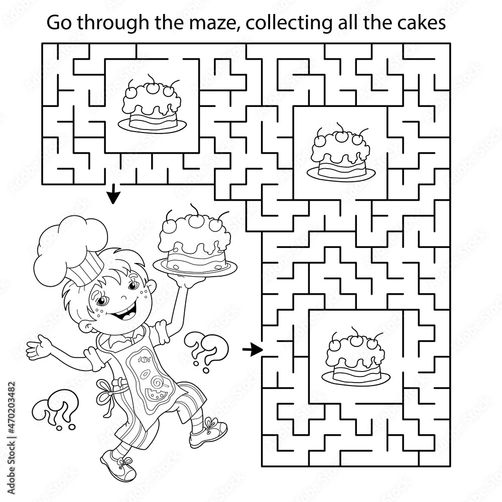 Maze or labyrinth game puzzle coloring page outline of cartoon fun boy chef with cake little cook or scullion profession coloring book for kids vector