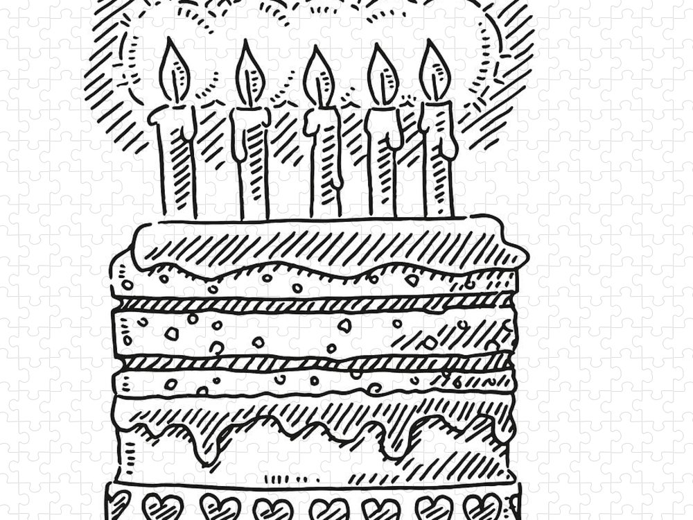 Birthday cake five candles drawing jigsaw puzzle by frank ramspott