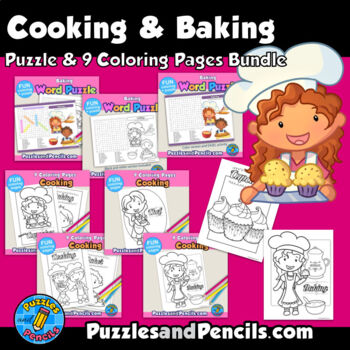 Cooking baking activity word search puzzle and coloring pages bundle
