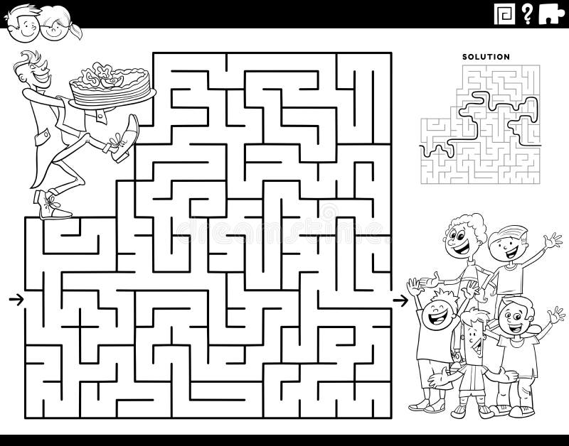 Maze with waiter with cake and children coloring page stock vector