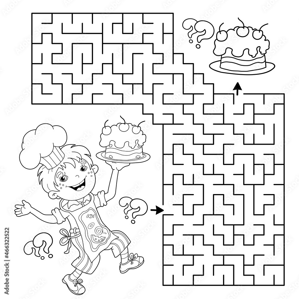 Maze or labyrinth game puzzle coloring page outline of cartoon fun boy chef with cake little cook or scullion profession coloring book for kids vector