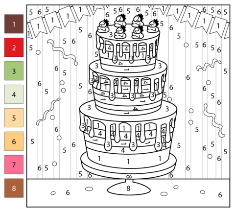 Cake color by number free printable coloring pages
