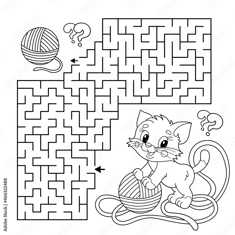 Maze or labyrinth game puzzle coloring page outline of cartoon cat with ball of yarn coloring book for kids vector