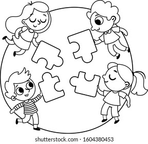 Make puzzle black white four children stock vector royalty free