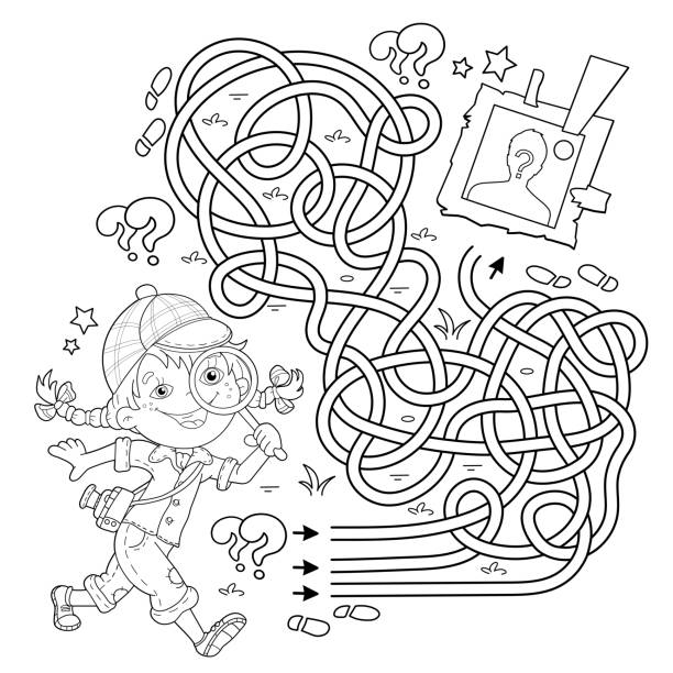 Maze or labyrinth game puzzle tangled road coloring page outline of cartoon girl detective with loupe young sherlock holmes coloring book for kids stock illustration
