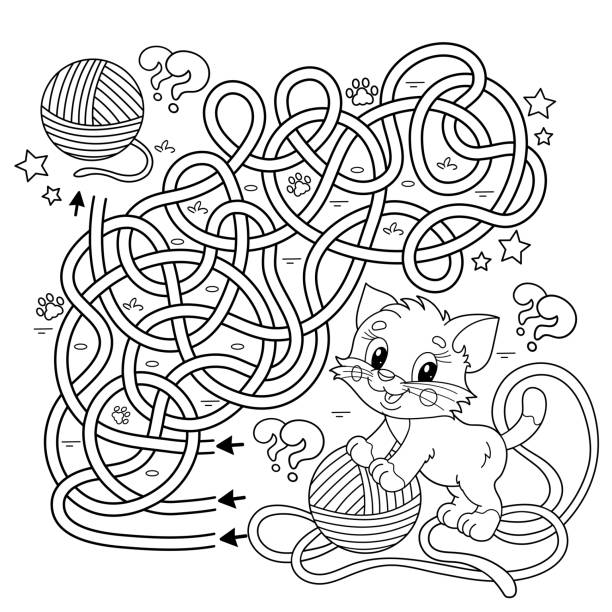 Maze or labyrinth game puzzle tangled road coloring page outline of cartoon cat with ball of yarn coloring book for kids stock illustration