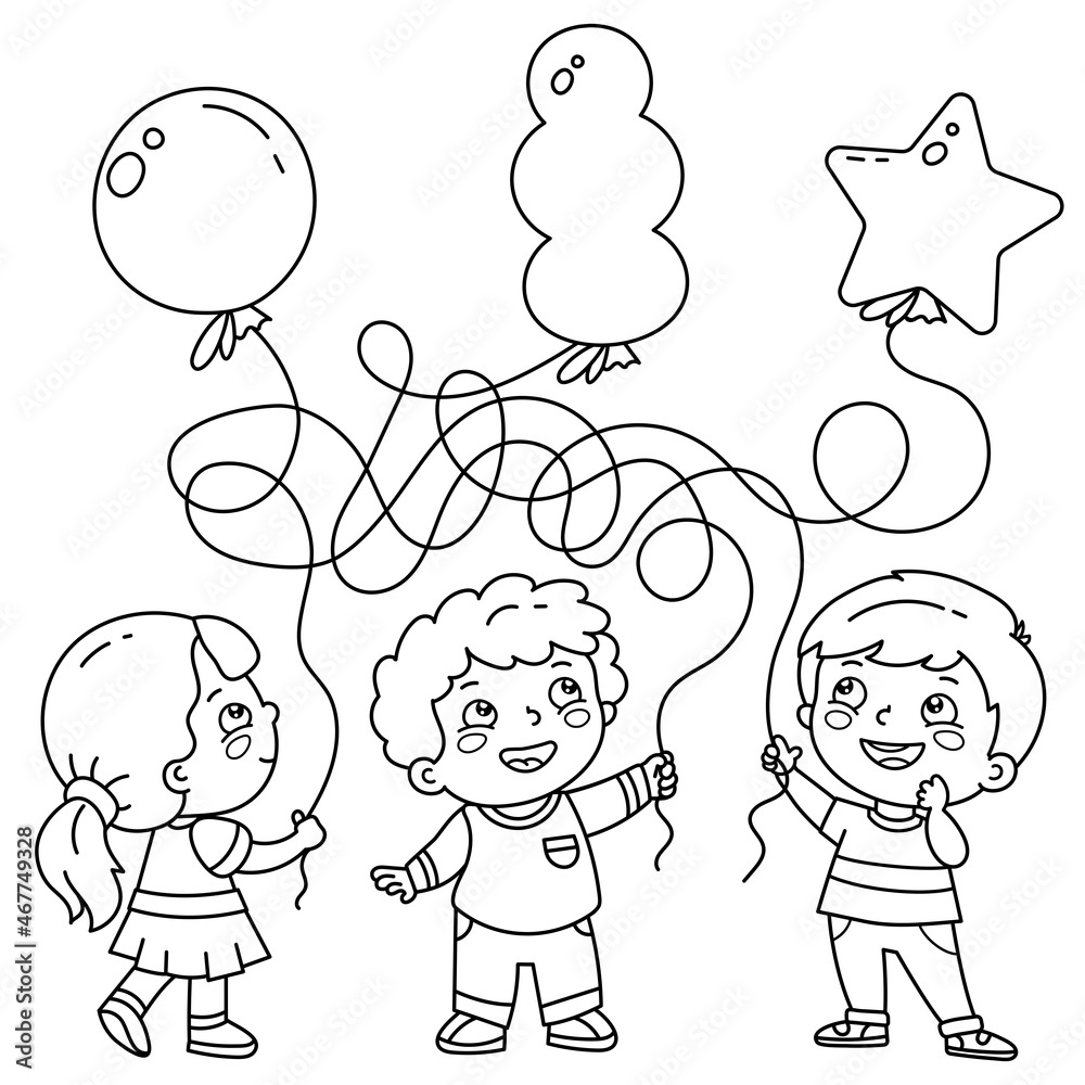 Maze or labyrinth game puzzle tangled road coloring page outline of cartoon children with balloons guess where whose ball is coloring book for kids vector