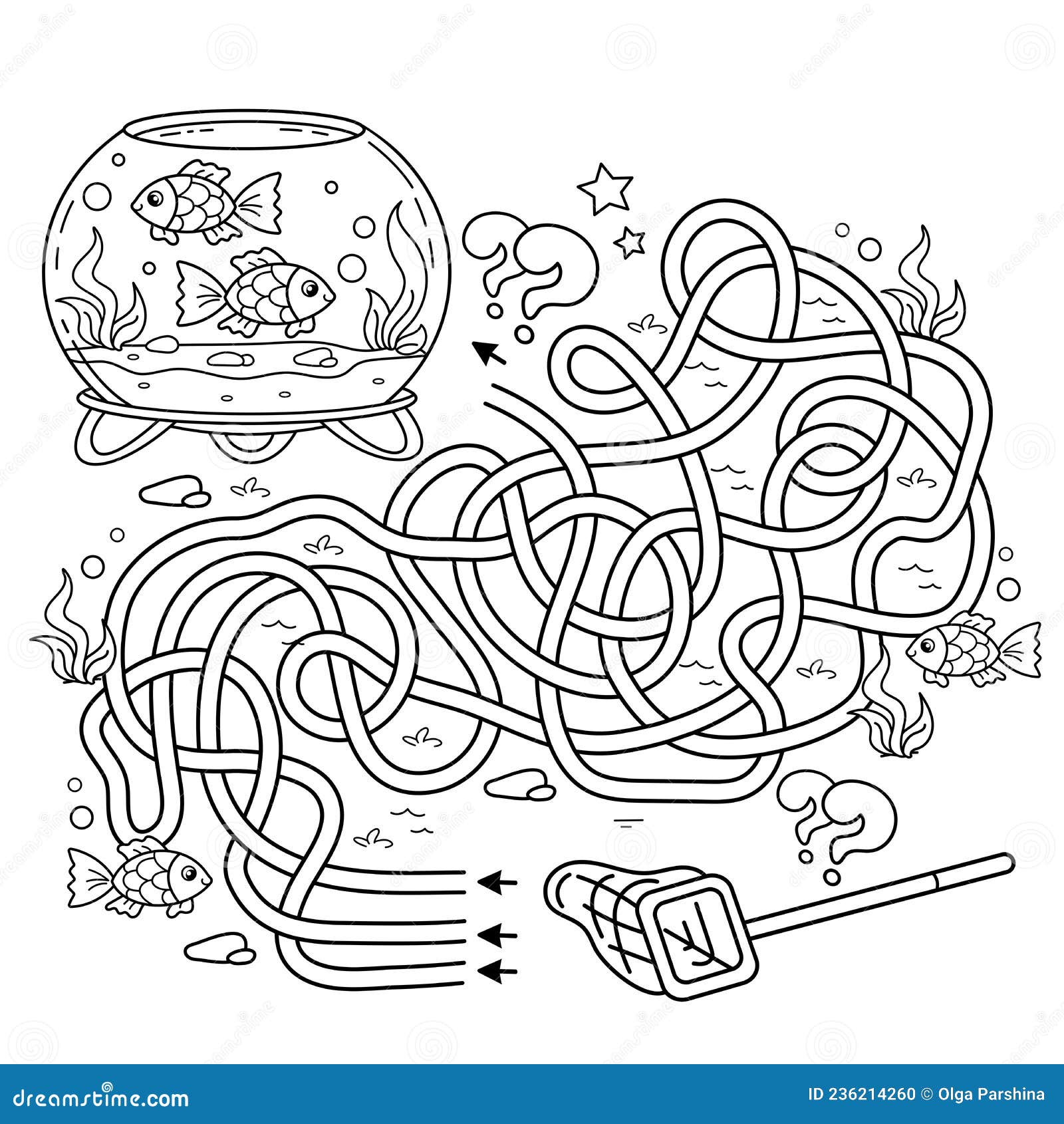 Maze or labyrinth game puzzle tangled road coloring page outline of cartoon round glass aquarium with color fish stock vector