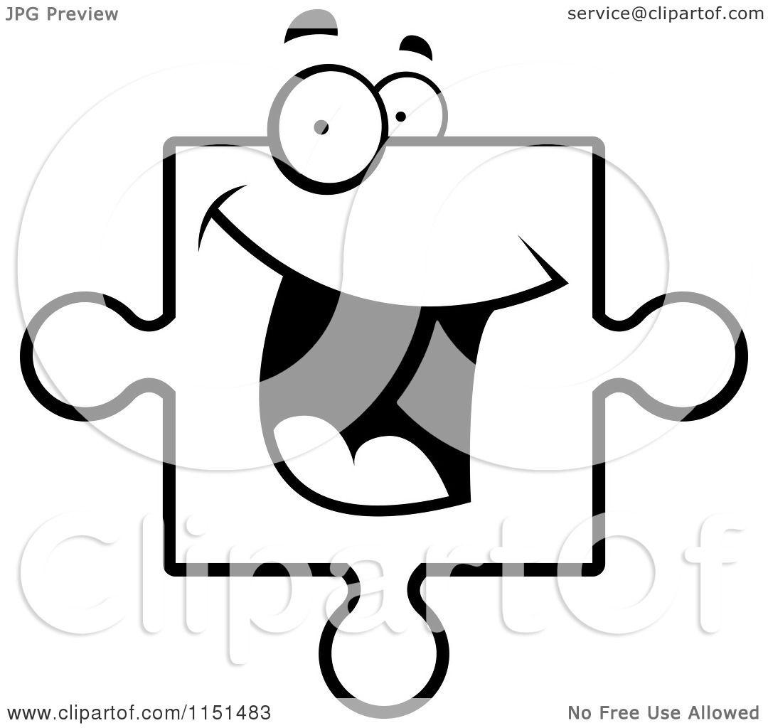Cartoon clipart of a black and white happy puzzle piece