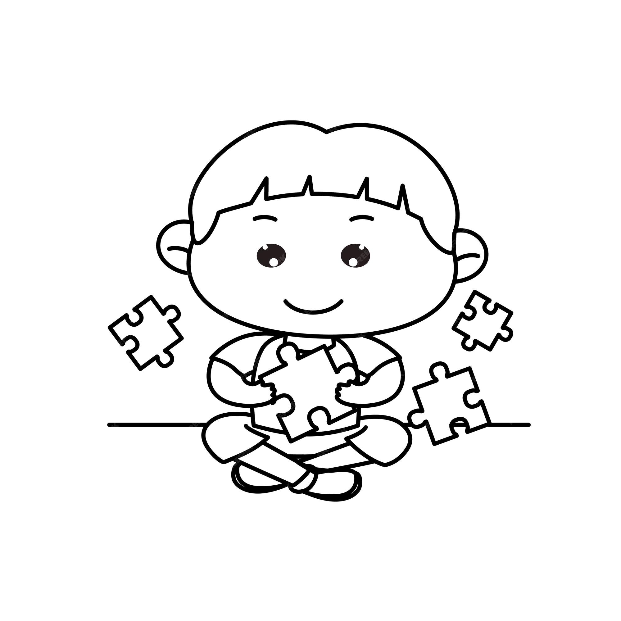 Premium vector cute little boy playing jigsaw puzzle sit playing coloring book cartoon vector illustration