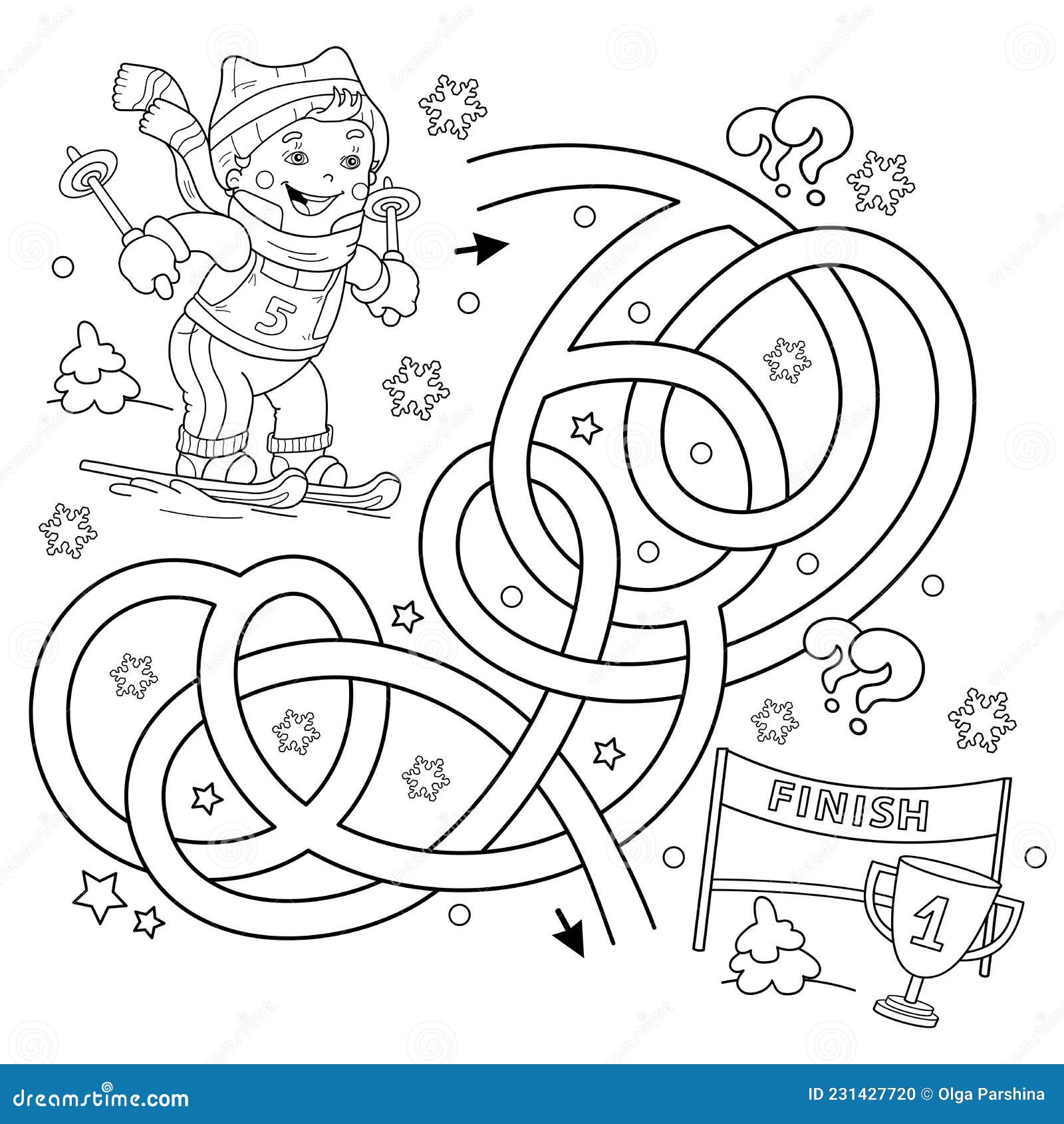Maze or labyrinth game puzzle tangled road coloring page outline of cartoon boy skiing winter sports stock vector