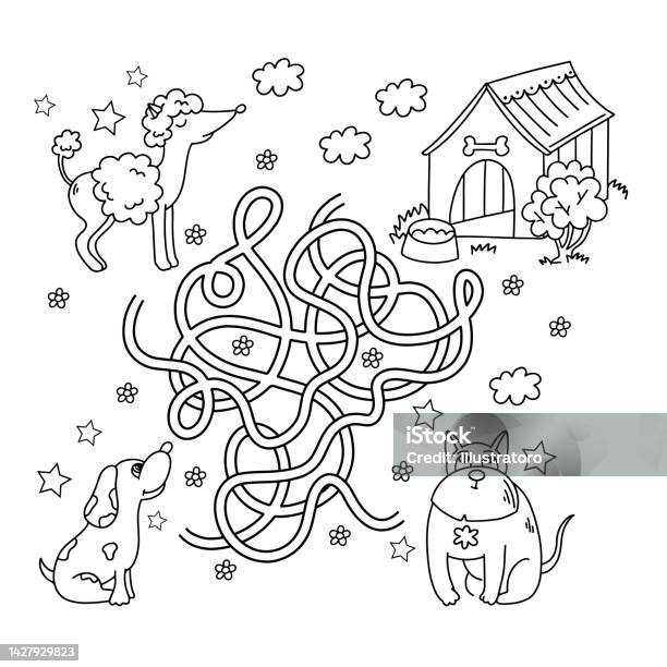 Maze or labyrinth game puzzle tangled road coloring page outline of cartoon dogs with doghouse coloring book for kids stock illustration