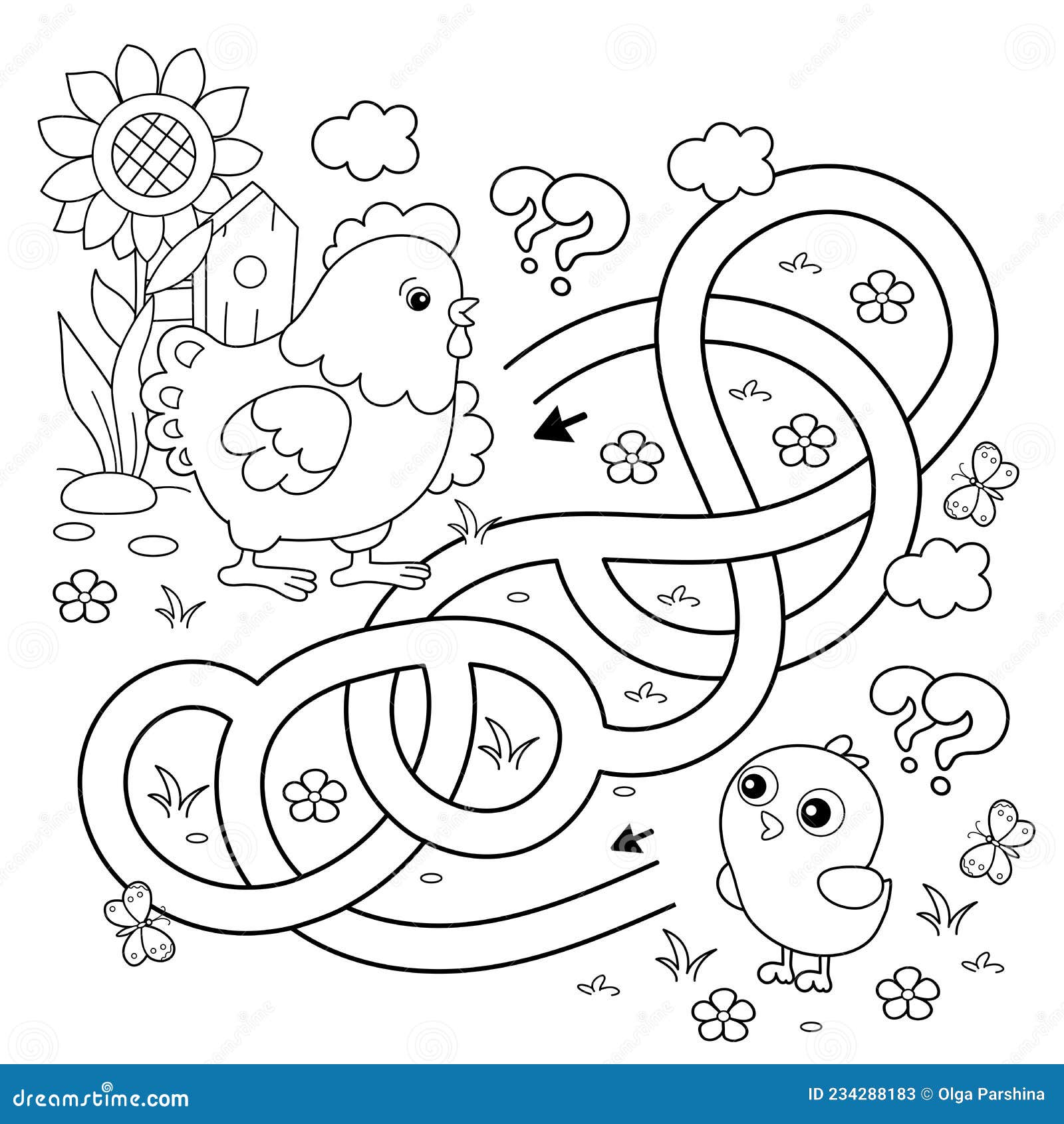 Maze or labyrinth game puzzle tangled road coloring page outline of cartoon chicken with little chicks stock vector