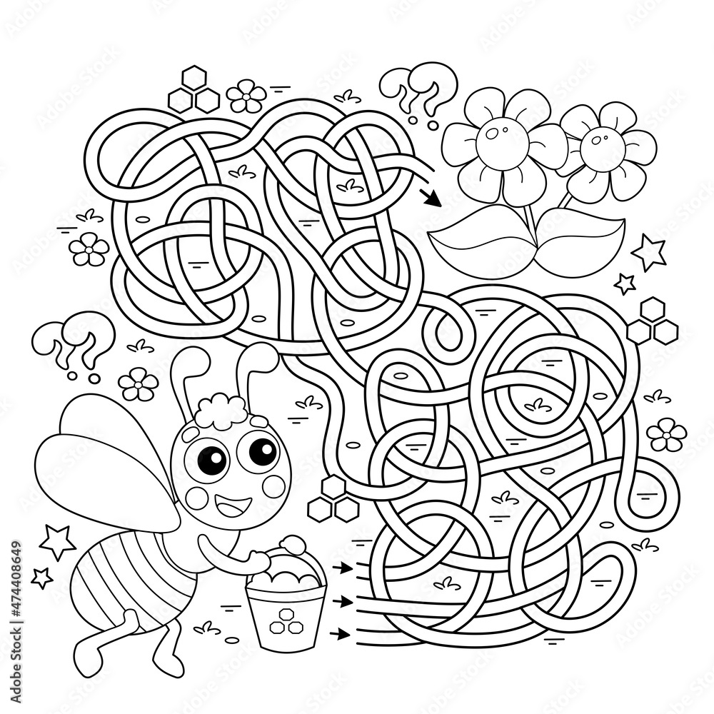Maze or labyrinth game puzzle tangled road coloring page outline of cartoon little bee with bucket of honey coloring book for kids vector