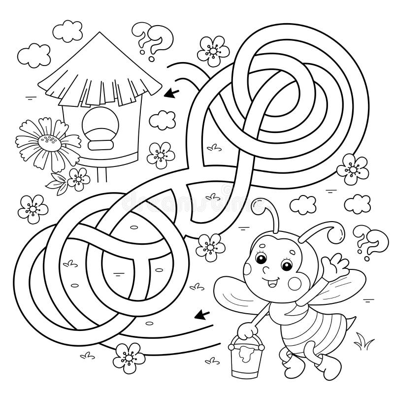 Maze or labyrinth game puzzle tangled road coloring page outline of cartoon little bee with bucket of honey stock vector