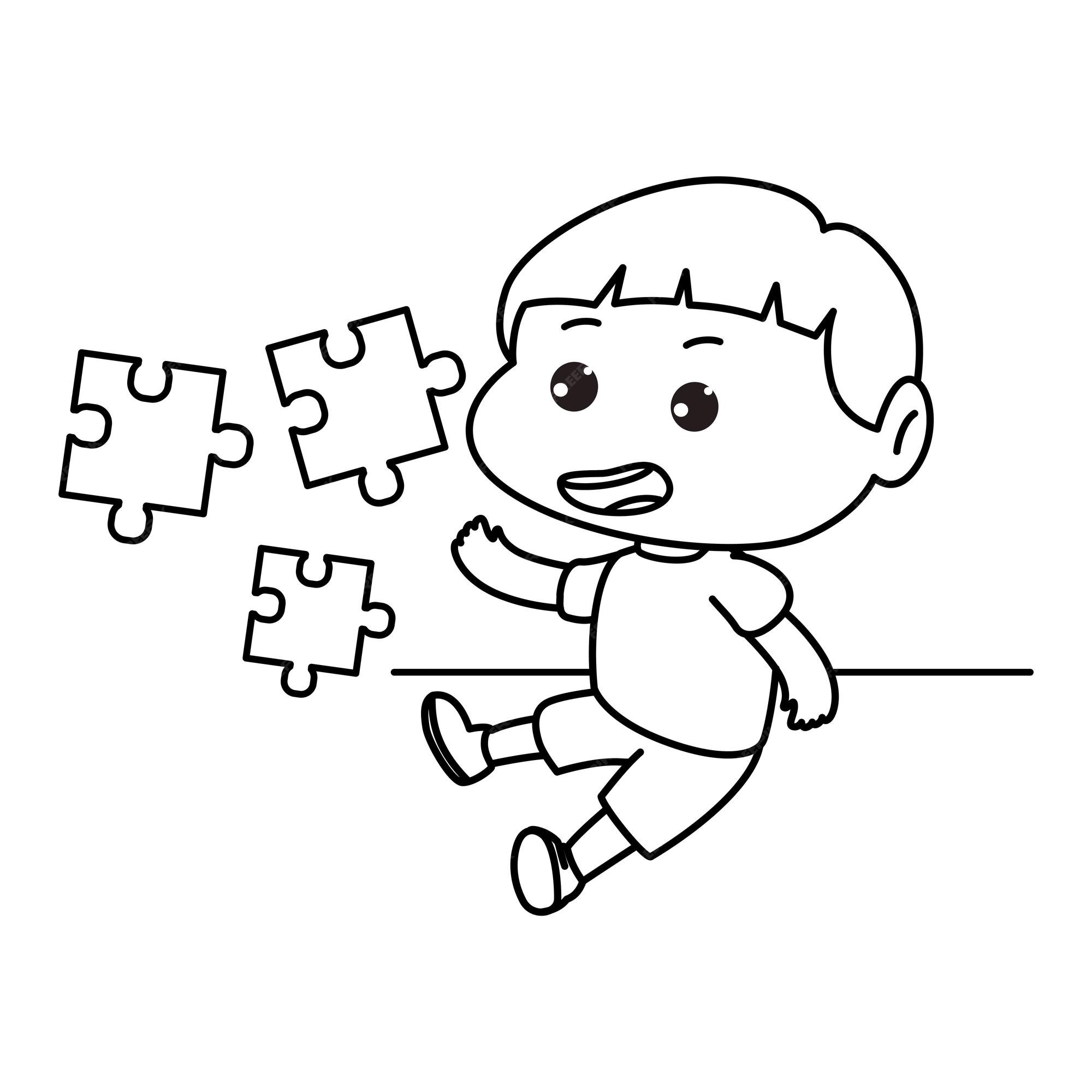 Premium vector cute little boy playing jigsaw puzzle sit playing coloring book cartoon vector illustration