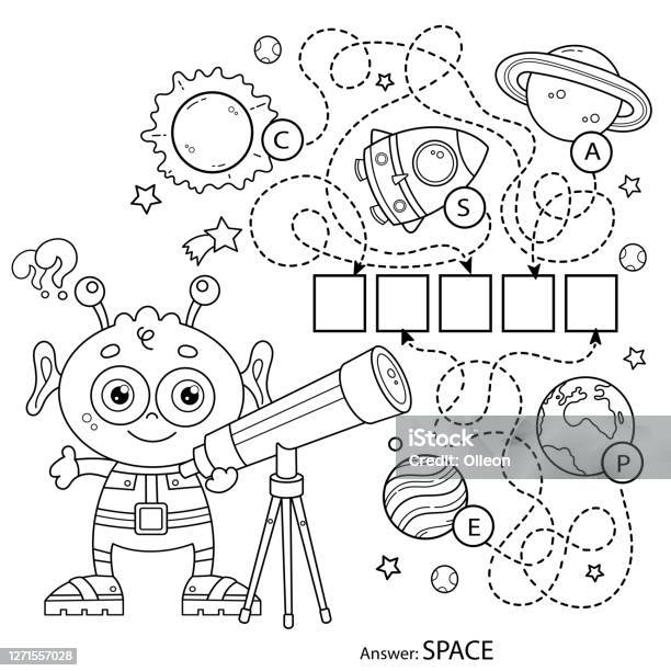 Maze or labyrinth game for preschool children puzzle tangled road coloring page outline of cartoon alien with telescope space coloring book for kids stock illustration