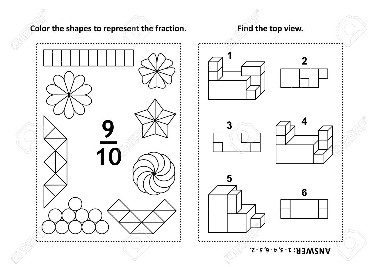 Two visual math puzzles and coloring pages color the shapes to represent the fraction find the top view black and white answers included royalty free svg cliparts vectors and stock illustration image