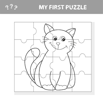 Premium vector my first puzzle cute puzzle game vector illustration of puzzle game and coloring book with happy cartoon cat for children