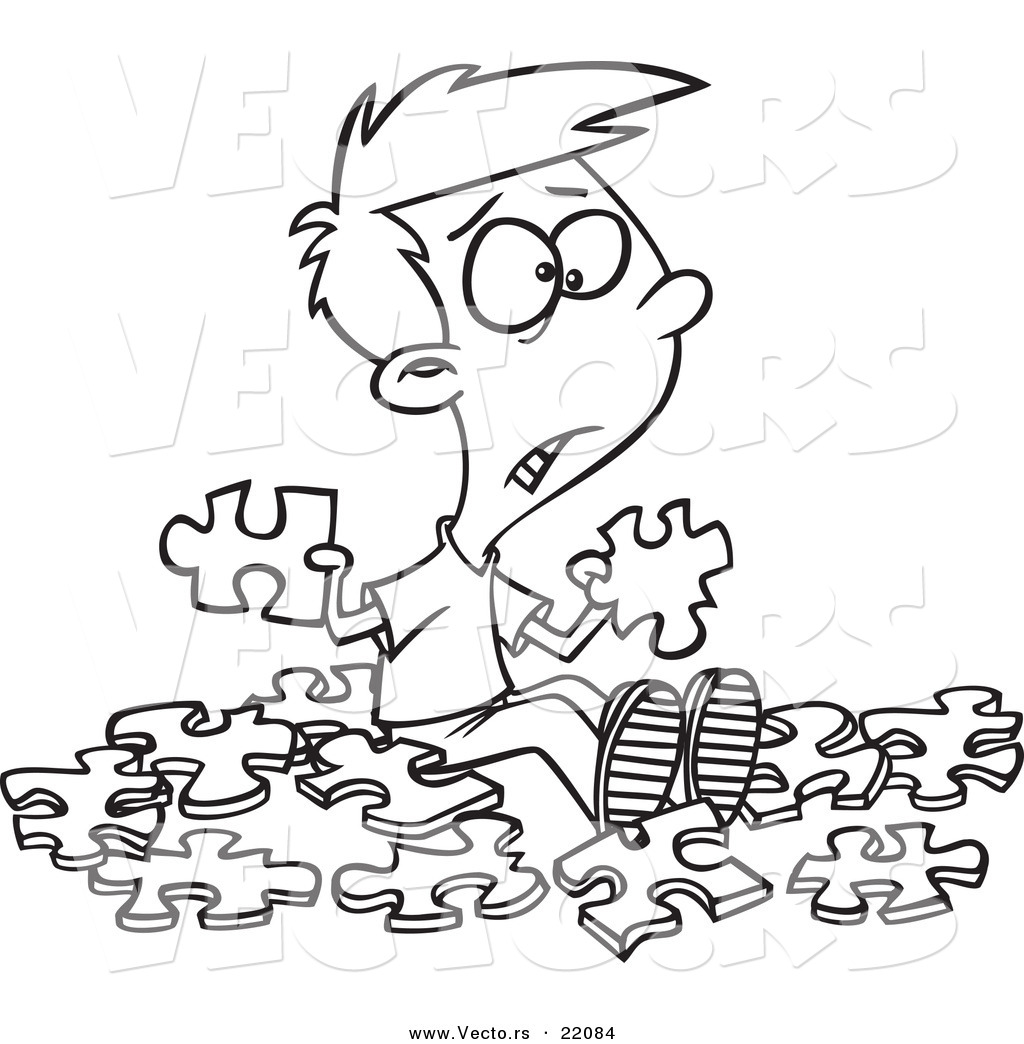 R of a cartoon confused boy with similar puzzle pieces