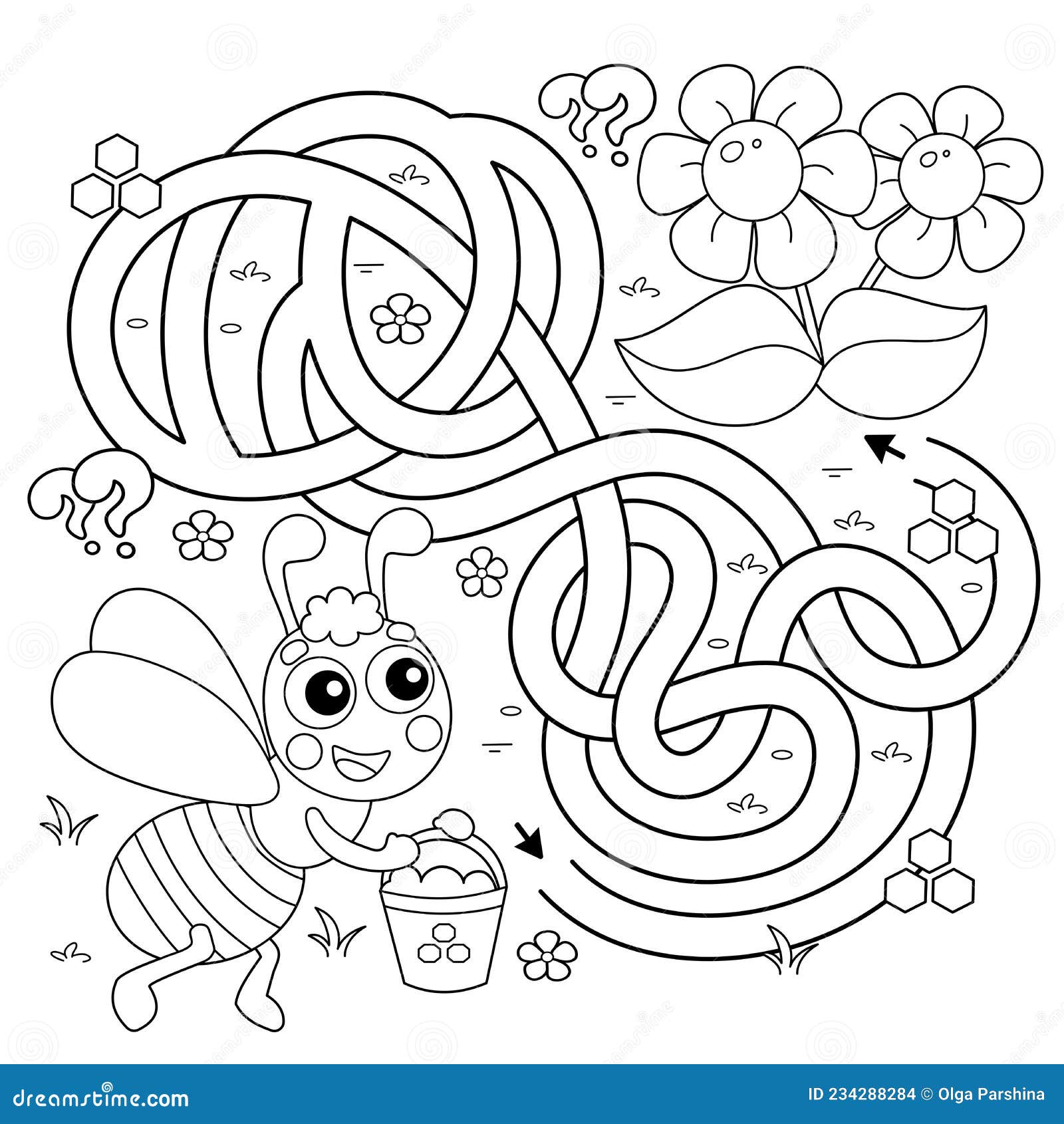 Maze or labyrinth game puzzle tangled road coloring page outline of cartoon little bee with bucket of honey stock vector