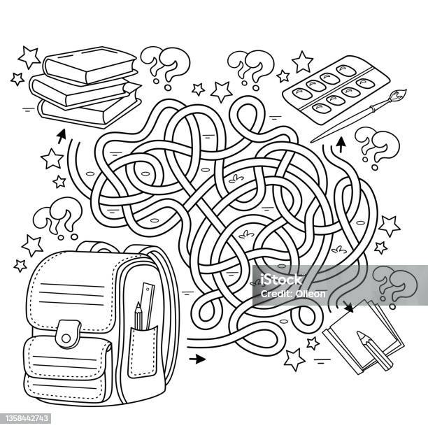 Maze or labyrinth game puzzle tangled road coloring page outline of cartoon girl with school briefcase or satchel stock illustration