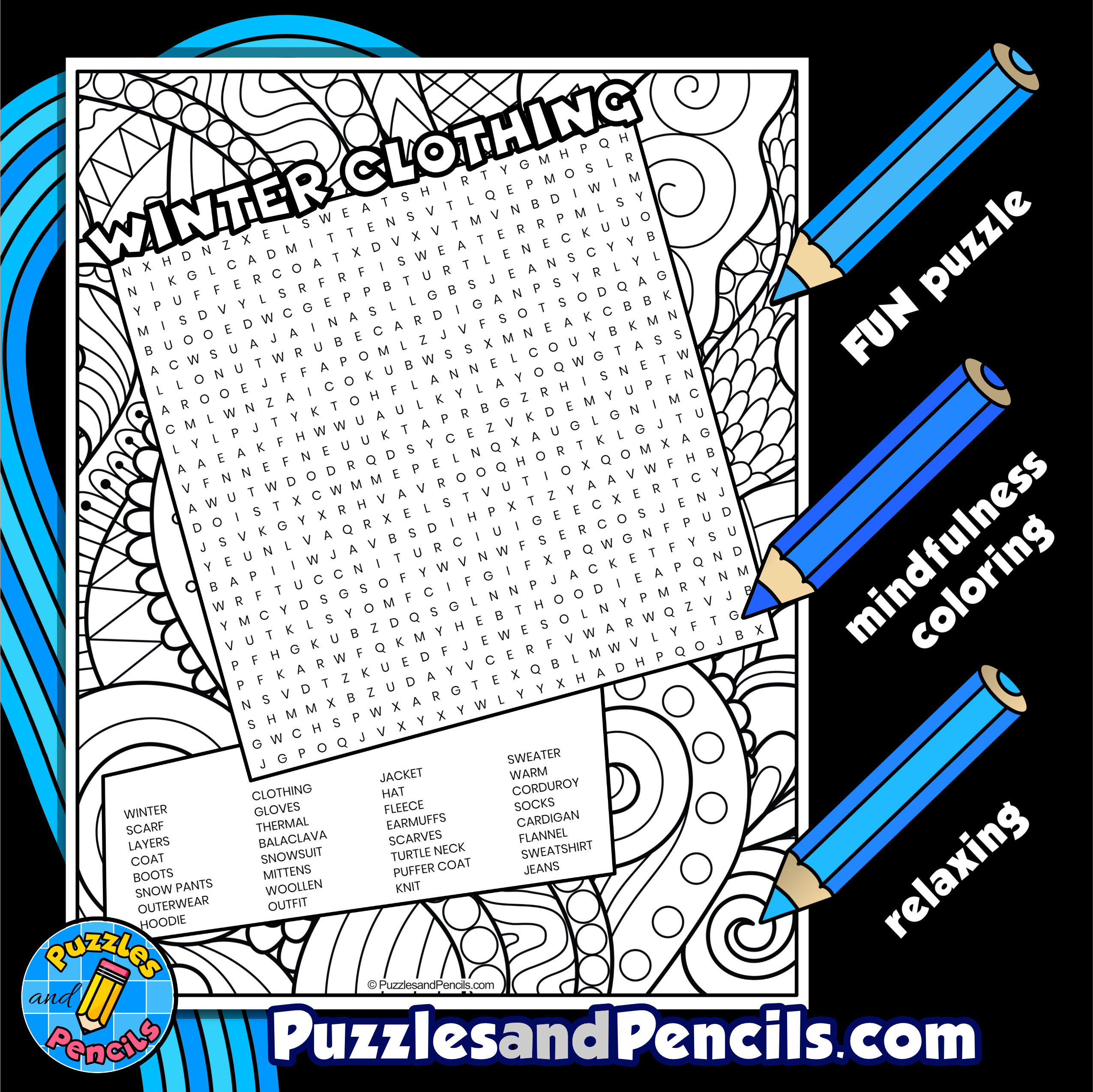 Winter clothing word search puzzle activity page with coloring seasons made by teachers
