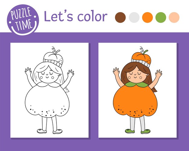 Premium vector halloween coloring page for children cute funny girl dressed like pumpkin vector autumn holiday outline illustration trick or treat dress party color book for kids with colored example